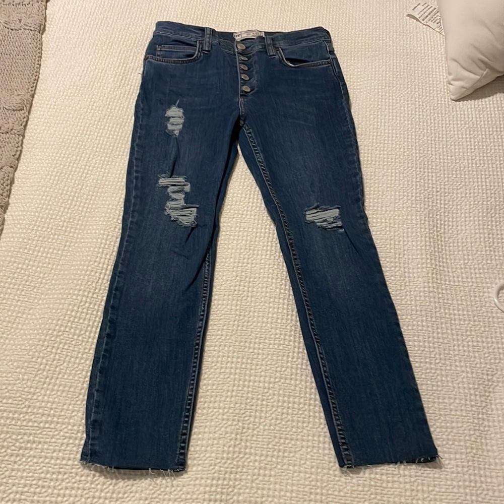 Free people distressed skinny raw hem jeans exposed button fly size 30 stretchy